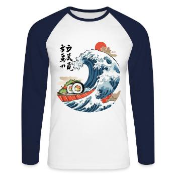 Sushi Ukiyo-E Welle Retro Japan Kunst - Unisex Baseballshirt langarm - Weiß/Navy - Vorne - Nik (191cm)