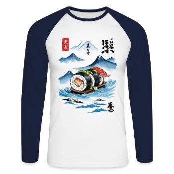 Ukiyo-e Sushi Art streetwear japonais - T-shirt baseball manches longues Homme - blanc/marine - Devant - Nik (191cm)