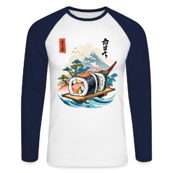 Ukiyo-E Sushi Artwork Design - Unisex Long Sleeve Baseball T-Shirt - white/navy - Front - Nik (191cm)