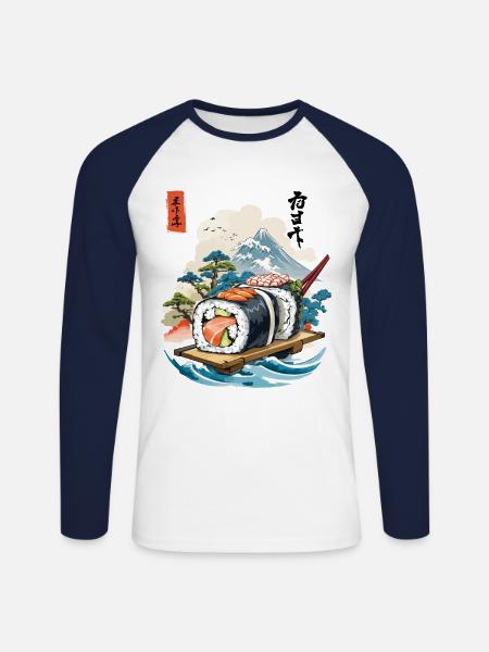 Ukiyo-E Sushi Artwork Design - Unisex Long Sleeve Baseball T-Shirt - white/navy