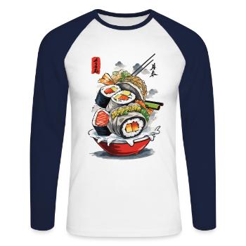 Sushi Ukiyo-E Japon Esthétique Vintage Food Design - T-shirt baseball manches longues Homme - blanc/marine - Devant - Nik (191cm)