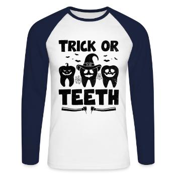 Trick oder Zähne Halloween Zahnarzt Zahnmedizin - Unisex Baseballshirt langarm - Weiß/Navy - Vorne - Nik (191cm)