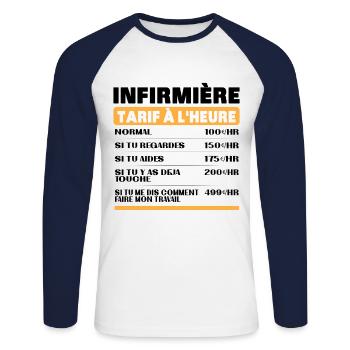 Infirmière Tarif à L'heure idée Cadeau Humour - T-shirt baseball manches longues Homme - blanc/marine - Devant - Nik (191cm)