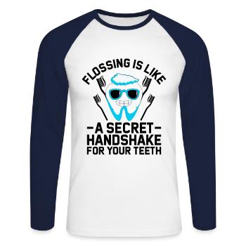 L’utilisation du fil dentaire est comme une poignée de main secrète pour vos dents - T-shirt baseball manches longues Homme - blanc/marine - Devant - Nik (191cm)