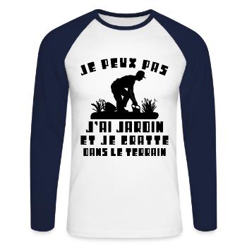 Je peux pas J'ai Jardin - T-shirt baseball manches longues Homme - blanc/marine - Devant - Nik (191cm)