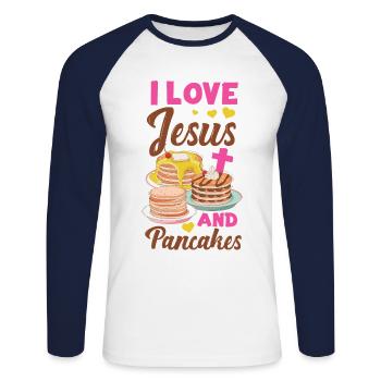 Les enfants amoureux des crêpes J’aime Jésus - T-shirt baseball manches longues Homme - blanc/marine - Devant - Nik (191cm)