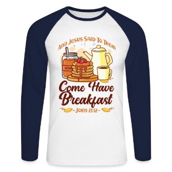 Pancake Lover Kids Bible Quote - Unisex Long Sleeve Baseball T-Shirt - white/navy - Front - Nik (191cm)