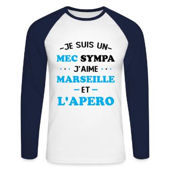 Faner Marseille und der Humor Marseillais Aperitif - Unisex Baseballshirt langarm - Weiß/Navy - Vorne - Nik (191cm)