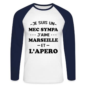 Faner Marseille und der Humor Marseillais Aperitif - Unisex Baseballshirt langarm - Weiß/Navy - Vorne - Nik (191cm)