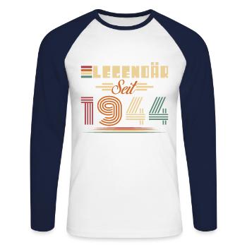 Legendary Since 1944 Vintage Birthday Gift - Unisex Long Sleeve Baseball T-Shirt - white/navy - Front - Nik (191cm)
