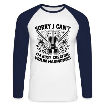 Tut mir leid, ich kann nicht, ich bin damit beschäftigt, Violinharmonien zu kreieren V - Unisex Baseballshirt langarm - Weiß/Navy - Vorne - Nik (191cm)