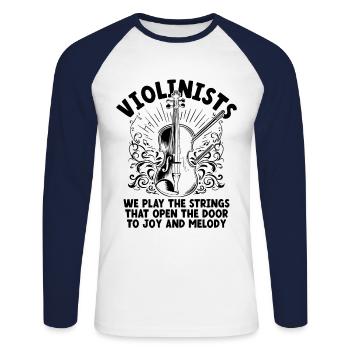 Violonistes Nous jouons Les cordes qui ouvrent la porte - T-shirt baseball manches longues Homme - blanc/marine - Devant - Nik (191cm)