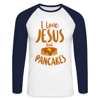 Les enfants amoureux des crêpes J’aime Jésus - T-shirt baseball manches longues Homme - blanc/marine - Devant - Nik (191cm)