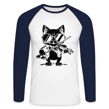 Chat jouant du violon Violoniste Fiddler Vi - T-shirt baseball manches longues Homme - blanc/marine - Devant - Nik (191cm)
