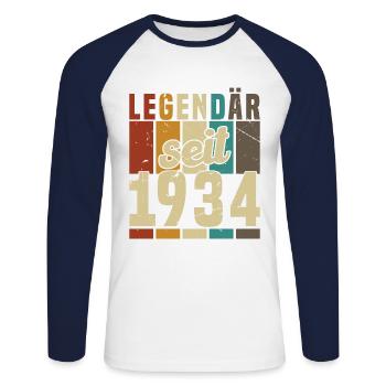 Legend since 1934 Birthday Gift - Unisex Long Sleeve Baseball T-Shirt - white/navy - Front - Nik (191cm)