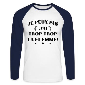 Ich kann nicht, ich bin zu faul - Unisex Baseballshirt langarm - Weiß/Navy - Vorne - Nik (191cm)