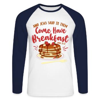 Pancake Lover Kids Bible Quote - Unisex Long Sleeve Baseball T-Shirt - white/navy - Front - Nik (191cm)