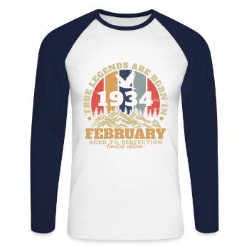 Février 1934 Vintage Anniversaire 1934 Cadeau - T-shirt baseball manches longues Homme - blanc/marine - Devant - Nik (191cm)