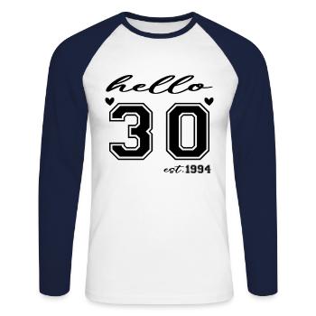 Hello 30 est 1994 - T-shirt baseball manches longues Homme - blanc/marine - Devant - Nik (191cm)