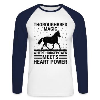 Courses de chevaux pur-sang Équitation Chevaux équestres - T-shirt baseball manches longues Homme - blanc/marine - Devant - Nik (191cm)