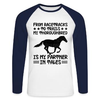 Courses de chevaux pur-sang Équitation Chevaux équestres - T-shirt baseball manches longues Homme - blanc/marine - Devant - Nik (191cm)
