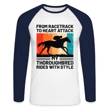 Courses de chevaux pur-sang Équitation Chevaux équestres - T-shirt baseball manches longues Homme - blanc/marine - Devant - Nik (191cm)