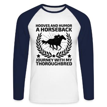 Courses de chevaux pur-sang Équitation Chevaux équestres - T-shirt baseball manches longues Homme - blanc/marine - Devant - Nik (191cm)