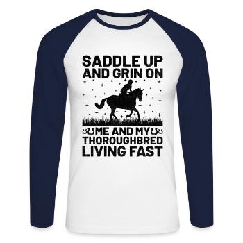 Courses de chevaux pur-sang Équitation Chevaux équestres - T-shirt baseball manches longues Homme - blanc/marine - Devant - Nik (191cm)