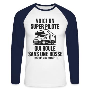 Camping cadeau papy papa camping car - T-shirt baseball manches longues Homme - blanc/marine - Devant - Nik (191cm)