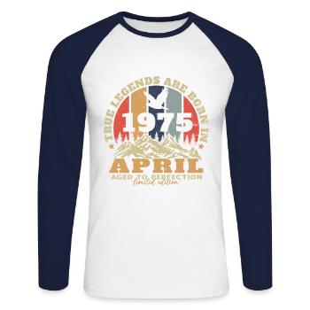 April 1975 Vintage Geburtstagsgeschenk - Unisex Baseballshirt langarm - Weiß/Navy - Vorne - Nik (191cm)
