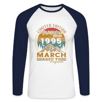 March 1995 Vintage Birthday Gift - Unisex Long Sleeve Baseball T-Shirt - white/navy - Front - Nik (191cm)