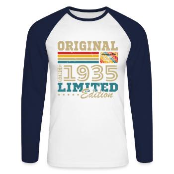 Original 1935 Vintage Retro Anniversary Gift - Unisex Long Sleeve Baseball T-Shirt - white/navy - Front - Nik (191cm)