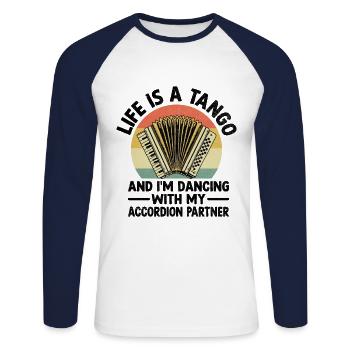 La vie est un tango et je danse avec mon accordéon - T-shirt baseball manches longues Homme - blanc/marine - Devant - Nik (191cm)