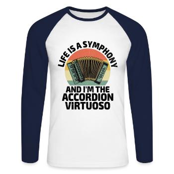 Das Leben ist eine Symphonie und ich bin der Akkordeon-Virtuose - Unisex Baseballshirt langarm - Weiß/Navy - Vorne - Nik (191cm)