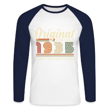 Original 1935 Vintage Retro Anniversary Gift - Unisex Long Sleeve Baseball T-Shirt - white/navy - Front - Nik (191cm)