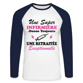 Humour infirmière retraitée Cadeau retraite - T-shirt baseball manches longues Homme - blanc/marine - Devant - Nik (191cm)
