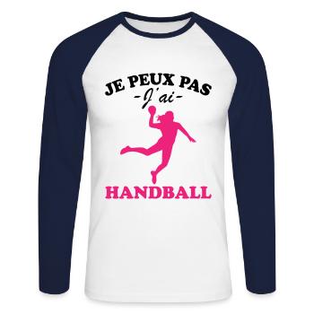 Je peux pas j'ai Handball - T-shirt baseball manches longues Homme - blanc/marine - Devant - Nik (191cm)