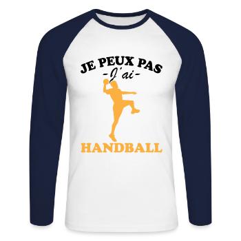 Je peux pas j'ai Handball - T-shirt baseball manches longues Homme - blanc/marine - Devant - Nik (191cm)