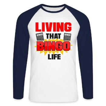 Joueur de bingo vivant ce bingo - T-shirt baseball manches longues Homme - blanc/marine - Devant - Nik (191cm)