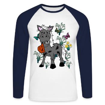 Cheval Chevaux Printemps Poney Gaul Ross Cavalier - T-shirt baseball manches longues Homme - blanc/marine - Devant - Nik (191cm)