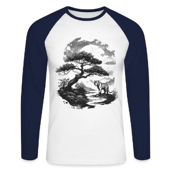 Bonsai Tree Japan Landscape Tiger Aesthetic - Unisex Long Sleeve Baseball T-Shirt - white/navy - Front - Nik (191cm)