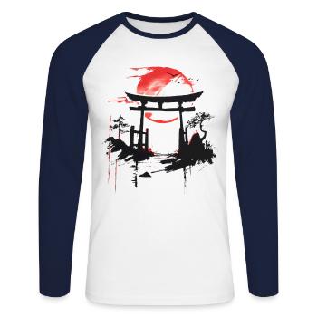 Japanese Tree Red Moon Birds Aesthetic Bonsai - Unisex Long Sleeve Baseball T-Shirt - white/navy - Front - Nik (191cm)