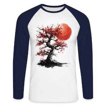 Japanese Tree Red Moon Birds Aesthetic Bonsai - Unisex Long Sleeve Baseball T-Shirt - white/navy - Front - Nik (191cm)