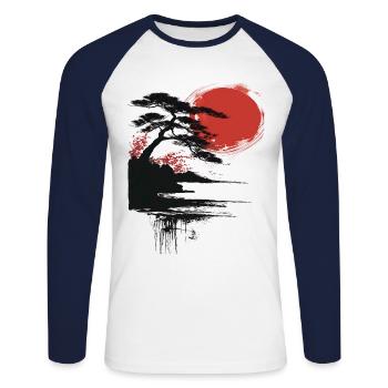Japan Landscape Red Moon Buddhism Aesthetic - Unisex Long Sleeve Baseball T-Shirt - white/navy - Front - Nik (191cm)