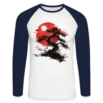 Japanese Tree Buddhism Red Moon Aesthetic Bonsai - Unisex Long Sleeve Baseball T-Shirt - white/navy - Front - Nik (191cm)