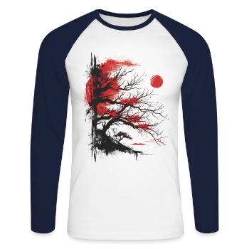 Japanese Tree Aesthetic Buddhism Red Moon Bonsai - Unisex Long Sleeve Baseball T-Shirt - white/navy - Front - Nik (191cm)