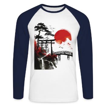 Japan Landscape Red Moon Trees Birds Bonsai - Unisex Long Sleeve Baseball T-Shirt - white/navy - Front - Nik (191cm)