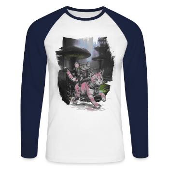 Aventure, Voyage, Chat, Rat, Excursion, Voyageur - T-shirt baseball manches longues Homme - blanc/marine - Devant - Nik (191cm)