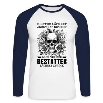 Bestatter Bestattungsfachkraft Geschenkidee Humor - Unisex Baseballshirt langarm - Weiß/Navy - Vorne - Nik (191cm)