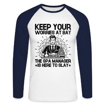Gestionnaire de SPA Emploi Bien-être Drôle Gestion de SPA Sayi - T-shirt baseball manches longues Homme - blanc/marine - Devant - Nik (191cm)